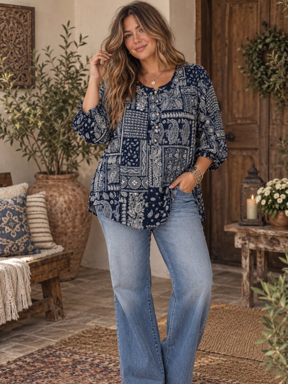 Democracy Cotton Paisley Patchwork Boho Blouse